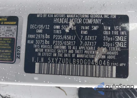 2013 Hyundai Santa Fe Sport z USA, uszkodzony, nr VIN 5XYZUDLB9DG048046